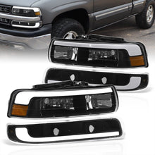 Load image into Gallery viewer, Chevrolet Silverado 1999-2002 / Suburban Tahoe 2000-2006 LED DRL Bar Factory Style Headlights + Bumpers Black Housing Clear Len Amber Reflector