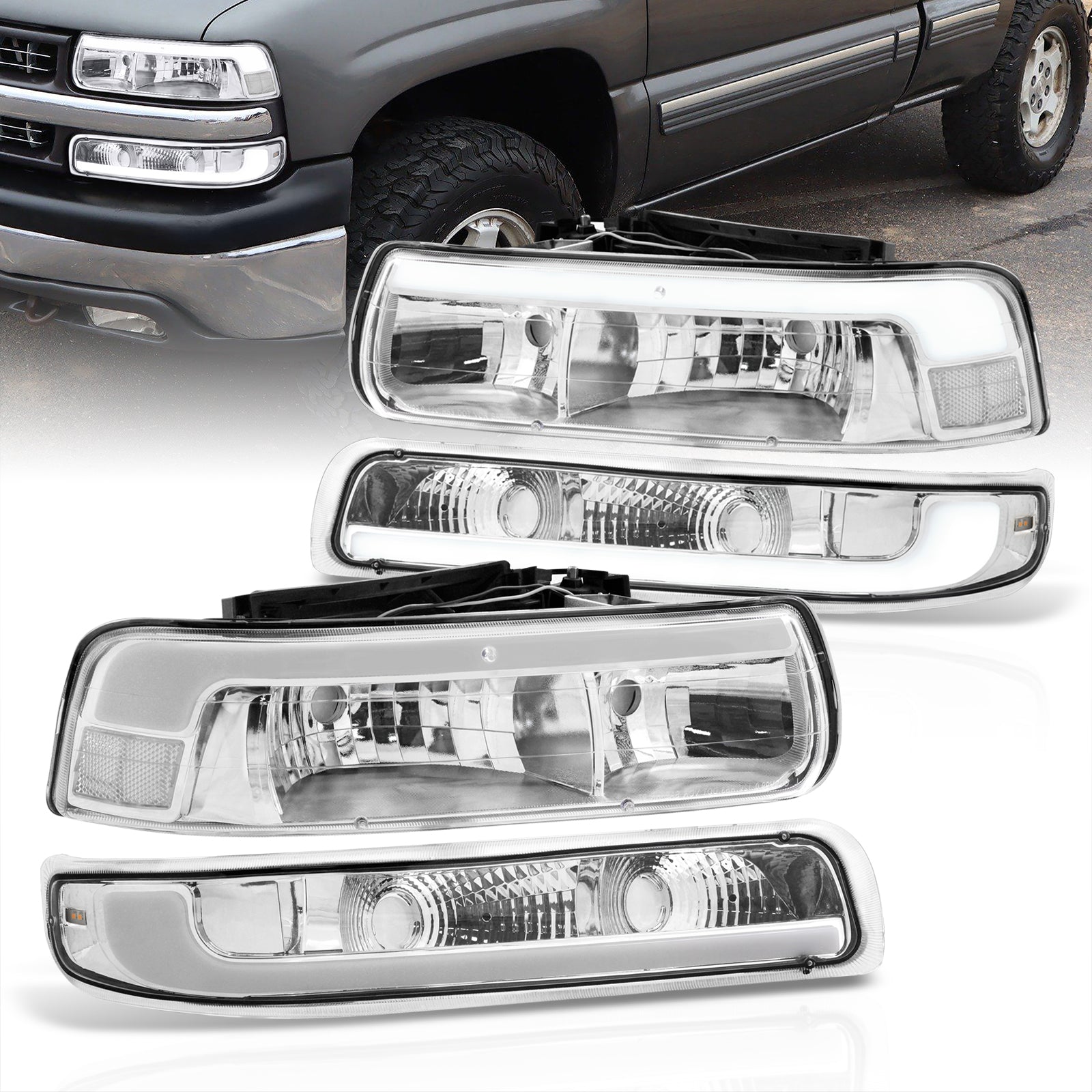Chevrolet Silverado 1999 2002 Suburban Tahoe 2000 2006 LED DRL Bar Factory Style Headlights Bumpers Chrome Housing Clear Len Clear Reflector