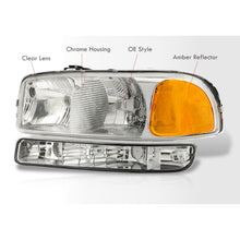 Load image into Gallery viewer, GMC Sierra 1500 1500HD 2500 2500HD 3500 1999-2006 / Sierra Classic 2007 / Yukon 2000-2006 / Yukon XL 1500 2500 2000-2006 Factory Style Headlights + Bumpers Chrome Housing Clear Len Amber Reflector