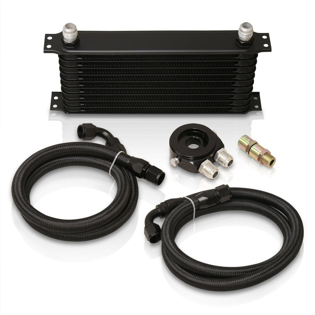 Universal 9 Row Oil Cooler Kit Black with Sandwich Plate (Black/Black Fittings)
