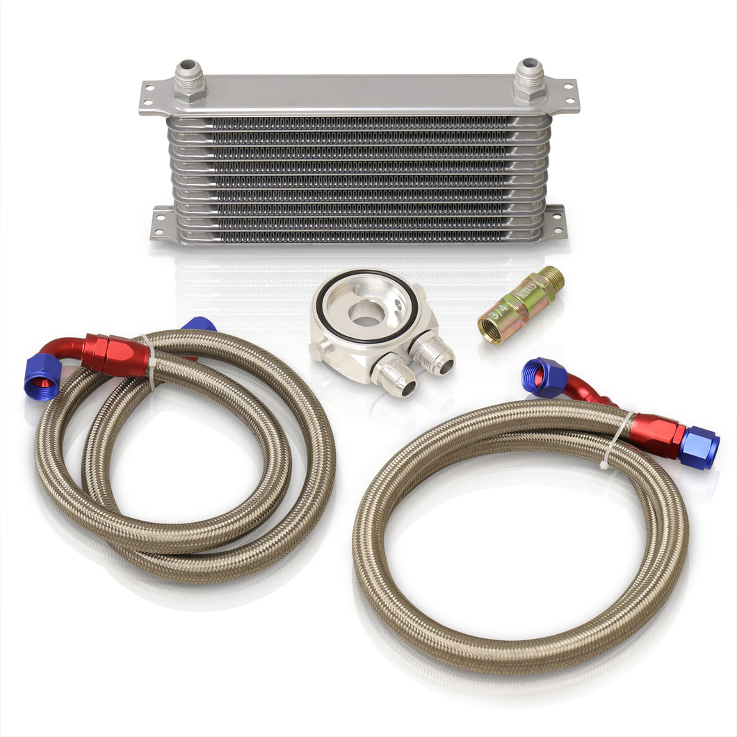 Universal 9 Row Oil Cooler Kit Silver with Sandwich Plate (Red/Blue Fittings)