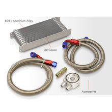 Load image into Gallery viewer, Universal 9 Row Oil Cooler Kit Silver with Sandwich Plate (Red/Blue Fittings)
