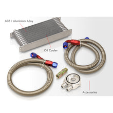 Load image into Gallery viewer, Universal 9 Row Oil Cooler Kit Silver with Sandwich Plate (Red/Blue Fittings)