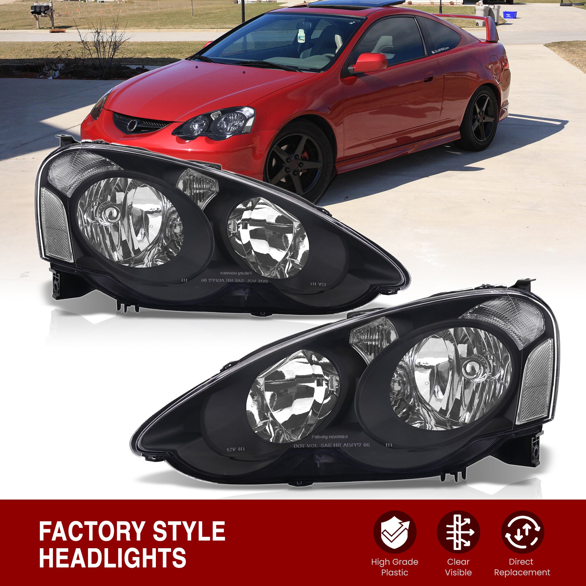 Acura RSX 2002-2004 Factory Style Headlights Black Housing Clear