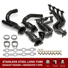 Load image into Gallery viewer, Chevrolet Silverado 1500 1999-2006 / Avalanche 1500 2002-2005 / Suburban 1500 2000-2004 / Tahoe 2000-2004 / GMC Sierra 1999-2006 / Yukon 2001-2004 / Yukon XL 2001-2004 Stainless Steel Long Tube Exhaust Header Black + Resonated Y-Pipe