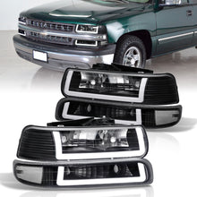 Load image into Gallery viewer, Chevrolet Silverado 1999-2002 / Suburban Tahoe 2000-2006 LED DRL Bar Factory Style Headlights + Bumpers Black Housing Clear Len Clear Reflector