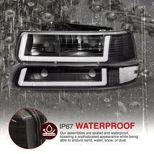 Load image into Gallery viewer, Chevrolet Silverado 1999-2002 / Suburban Tahoe 2000-2006 LED DRL Bar Factory Style Headlights + Bumpers Black Housing Clear Len Clear Reflector