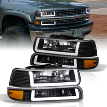 Load image into Gallery viewer, Chevrolet Silverado 1999-2002 / Suburban Tahoe 2000-2006 LED DRL Bar Factory Style Headlights + Bumpers Black Housing Clear Len Amber Reflector