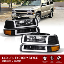Load image into Gallery viewer, Chevrolet Silverado 1999-2002 / Suburban Tahoe 2000-2006 LED DRL Bar Factory Style Headlights + Bumpers Black Housing Clear Len Amber Reflector