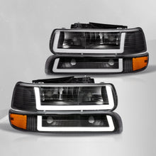 Load image into Gallery viewer, Chevrolet Silverado 1999-2002 / Suburban Tahoe 2000-2006 LED DRL Bar Factory Style Headlights + Bumpers Black Housing Clear Len Amber Reflector