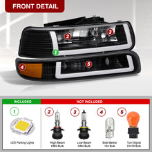 Load image into Gallery viewer, Chevrolet Silverado 1999-2002 / Suburban Tahoe 2000-2006 LED DRL Bar Factory Style Headlights + Bumpers Black Housing Clear Len Amber Reflector