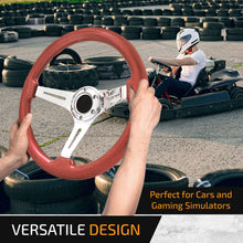 Load image into Gallery viewer, Universal 350mm Heavy Duty Steel Wood Grain Style Steering Wheel Polish Center Metallic Red Wood