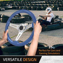 Load image into Gallery viewer, Universal 350mm Heavy Duty Steel Wood Grain Style Steering Wheel Polish Center Metallic Blue Wood