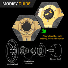Load image into Gallery viewer, Universal 350mm Heavy Duty Steel Wood Grain Style Steering Wheel Gold Center Black Wood