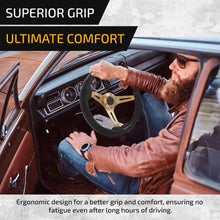 Load image into Gallery viewer, Universal 350mm Heavy Duty Steel Wood Grain Style Steering Wheel Gold Center Black Wood