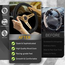 Load image into Gallery viewer, Universal 350mm Heavy Duty Steel Wood Grain Style Steering Wheel Gold Center Black Wood
