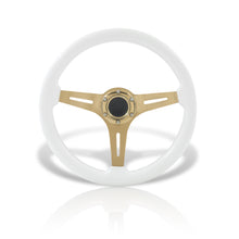 Load image into Gallery viewer, Universal 350mm Heavy Duty Steel Wood Grain Style Steering Wheel Gold Center White Wood