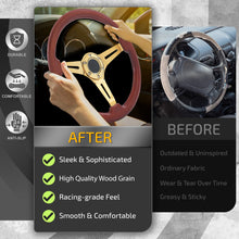 Load image into Gallery viewer, Universal 350mm Heavy Duty Steel Wood Grain Style Steering Wheel Gold Center Light Wood