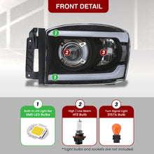 Load image into Gallery viewer, Dodge Ram 1500 2006-2008 / Ram 2500 3500 2006-2009 LED DRL Bar Projector Headlights Black Housing Clear Len Clear Reflector
