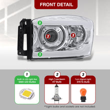 Load image into Gallery viewer, Dodge Ram 1500 2006-2008 / Ram 2500 3500 2006-2009 LED DRL Bar Projector Headlights Chrome Housing Clear Len Clear Reflector