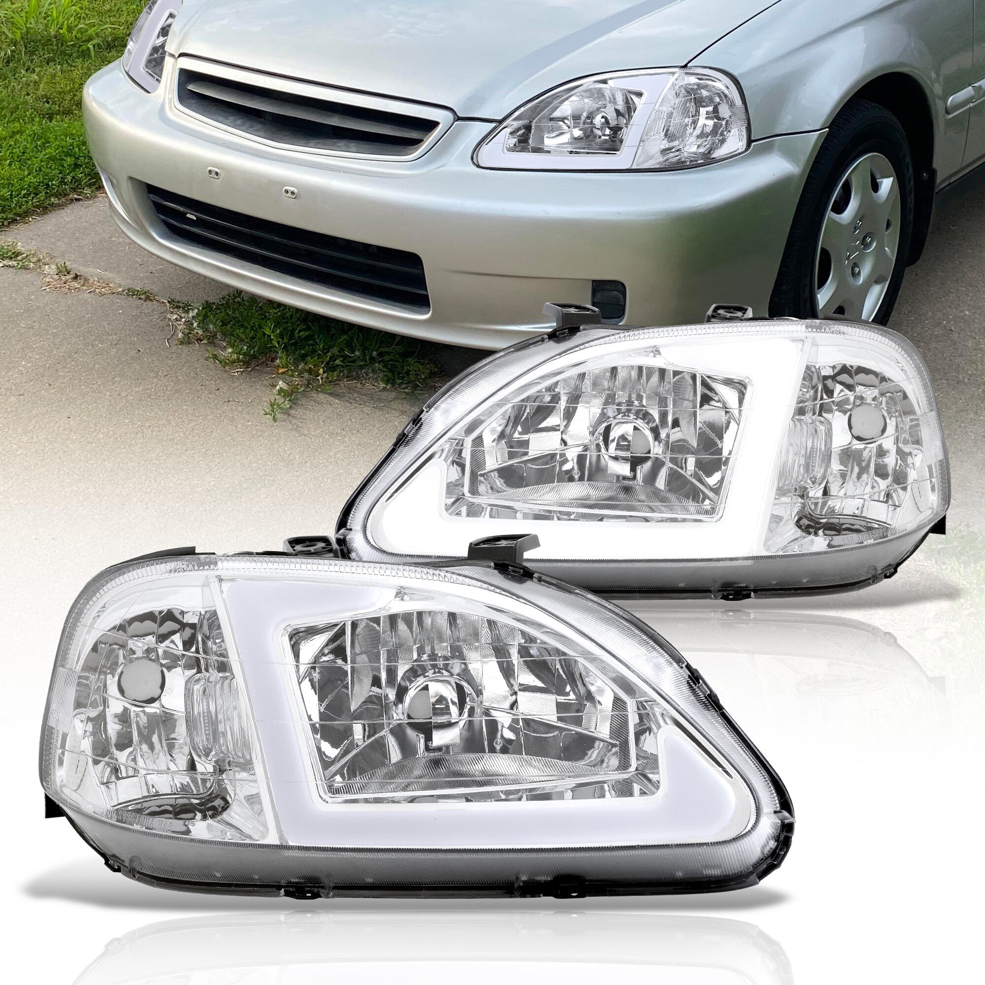 Honda Civic 1999-2000 LED DRL Bar Factory Style Headlights Chrome