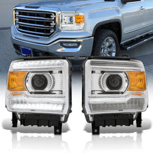 Load image into Gallery viewer, GMC Sierra 1500 2014-2018 / Sierra 2500HD 3500HD 2015-2019 LED DRL Bar Factory Style Projector Headlights Chrome Housing Clear Len Amber Reflector (Halogen Models Only)