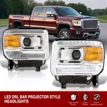 Load image into Gallery viewer, GMC Sierra 1500 2014-2018 / Sierra 2500HD 3500HD 2015-2019 LED DRL Bar Factory Style Projector Headlights Chrome Housing Clear Len Amber Reflector (Halogen Models Only)