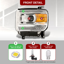 Load image into Gallery viewer, GMC Sierra 1500 2014-2018 / Sierra 2500HD 3500HD 2015-2019 LED DRL Bar Factory Style Projector Headlights Chrome Housing Clear Len Amber Reflector (Halogen Models Only)