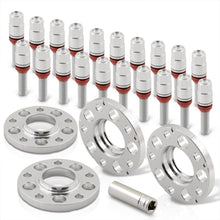 Load image into Gallery viewer, Universal 4 Piece Wheel Spacers + Extended Lug Nut Bolts Silver - PCD: 5x120 | Thread Pitch: M14x1.25 | Bore: 72.56mm | Thickness: 15mm | Lug Nuts: 40mm