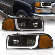 Load image into Gallery viewer, GMC Sierra 1500 2500 1999-2007 / Sierra 1500HD 2500HD 3500 2001-2007 / Yukon 1999-2006 / Yukon XL 1500 2500 2000-2006 LED DRL Bar Factory Style Headlights Black Housing Clear Len Amber Reflector
