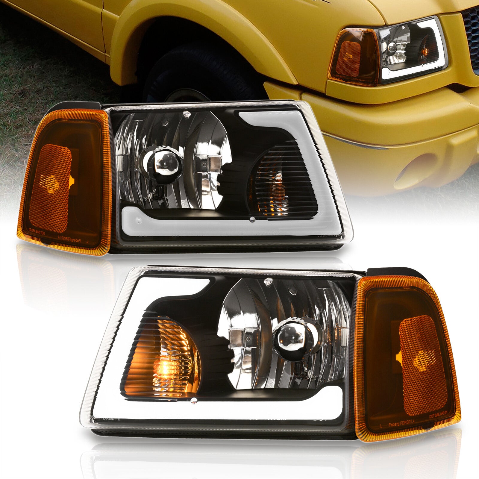 DNA Motoring Factory Style Headlight Corner Lamp Set For 2001-2011 Ford Ranger – Black/Amber