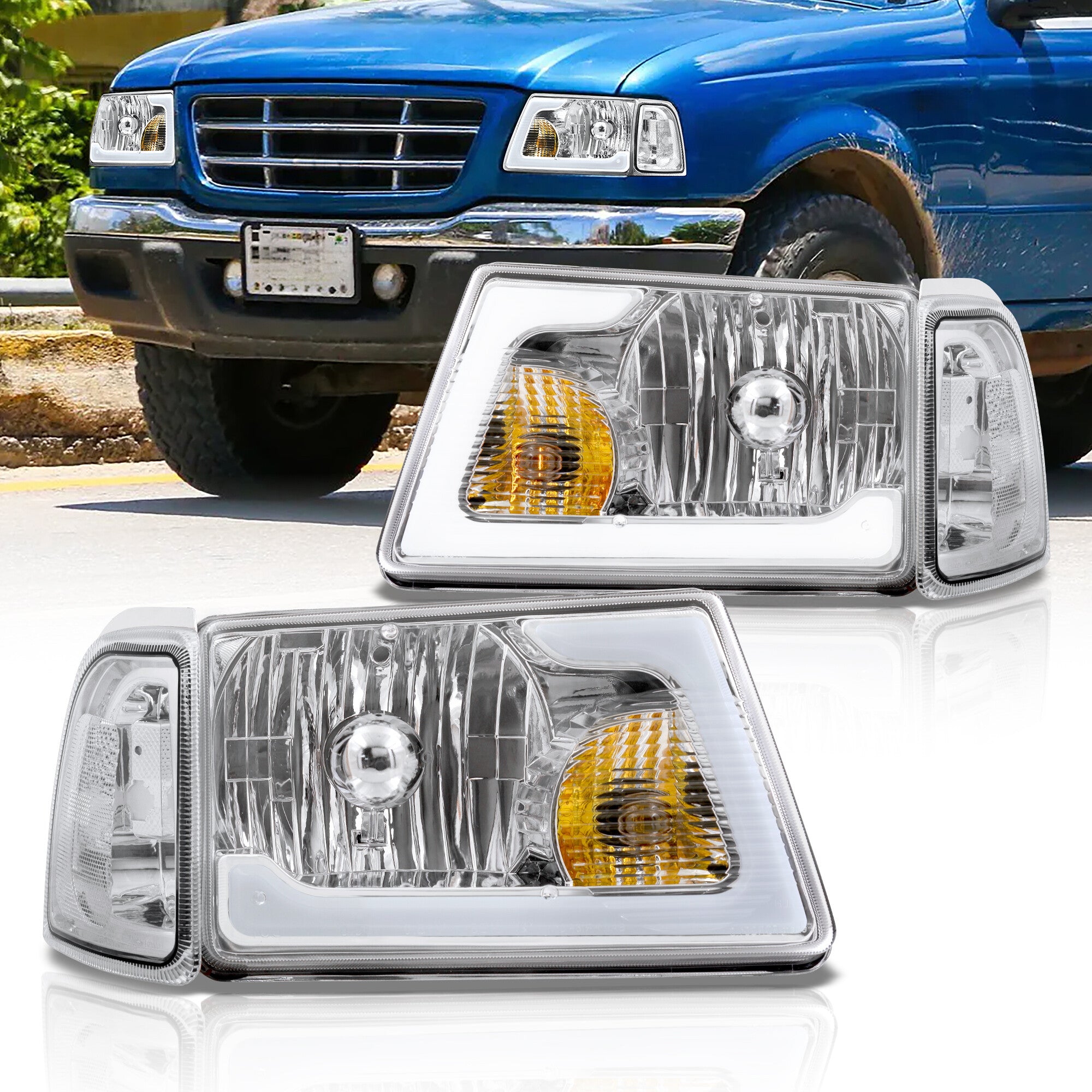 Smoke Headlight & Corner Lamp Set For 2001-2011 Ford Ranger - Left & Right Pair