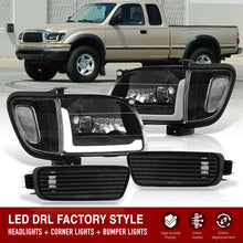 Load image into Gallery viewer, Toyota Tacoma 2001-2004 LED DRL Bar Factory Style Headlights + Corners Black Housing Clear Len Clear Reflector