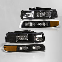 Load image into Gallery viewer, Chevrolet Silverado 1999-2002 / Suburban Tahoe 2000-2006 Factory Style Headlights + Bumpers Black Housing Clear Len Amber Reflector