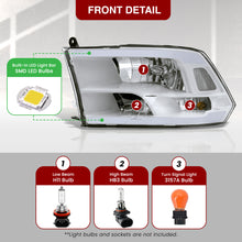 Load image into Gallery viewer, Dodge Ram 1500 2009-2018 / Ram 2500 3500 2010-2018 LED DRL Bar Factory Style Headlights White Housing Clear Len Clear Reflector (Dual / Quad Models Headlamps Only)