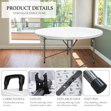 Load image into Gallery viewer, AJP Distributors 5 Foot Portable Round Folding Card Table 5FT 60" Half Foldable Heavy Duty Plastic w/ Carry Handle - Indoor Outdoor Backyard Camping Picnic BBQ Party Wedding Dining Office Event White