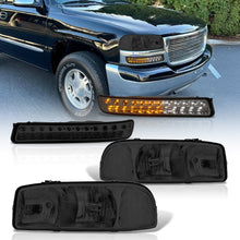 Load image into Gallery viewer, GMC Sierra 1500 1999-2007 / Sierra 2500 1999-2004 / Sierra 1500HD 2500HD 3500 2001-2007 / Yukon 1999-2006 / Yukon XL 1500 2500 2000-2006 Factory Style Headlights + LED Bumper Lights Chrome Housing Smoke Len Clear Reflector