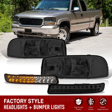 Load image into Gallery viewer, GMC Sierra 1500 1999-2007 / Sierra 2500 1999-2004 / Sierra 1500HD 2500HD 3500 2001-2007 / Yukon 1999-2006 / Yukon XL 1500 2500 2000-2006 Factory Style Headlights + LED Bumper Lights Chrome Housing Smoke Len Clear Reflector