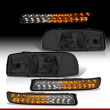 Load image into Gallery viewer, GMC Sierra 1500 1999-2007 / Sierra 2500 1999-2004 / Sierra 1500HD 2500HD 3500 2001-2007 / Yukon 1999-2006 / Yukon XL 1500 2500 2000-2006 Factory Style Headlights + LED Bumper Lights Chrome Housing Smoke Len Clear Reflector