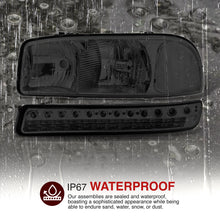 Load image into Gallery viewer, GMC Sierra 1500 1999-2007 / Sierra 2500 1999-2004 / Sierra 1500HD 2500HD 3500 2001-2007 / Yukon 1999-2006 / Yukon XL 1500 2500 2000-2006 Factory Style Headlights + LED Bumper Lights Chrome Housing Smoke Len Clear Reflector
