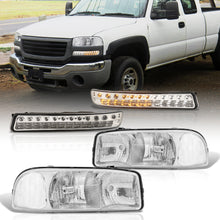 Load image into Gallery viewer, GMC Sierra 1500 1999-2007 / Sierra 2500 1999-2004 / Sierra 1500HD 2500HD 3500 2001-2007 / Yukon 1999-2006 / Yukon XL 1500 2500 2000-2006 Factory Style Headlights + LED Bumper Lights Chrome Housing Clear Len Clear Reflector