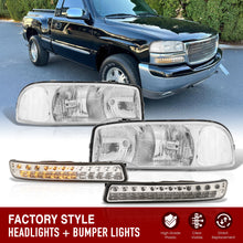 Load image into Gallery viewer, GMC Sierra 1500 1999-2007 / Sierra 2500 1999-2004 / Sierra 1500HD 2500HD 3500 2001-2007 / Yukon 1999-2006 / Yukon XL 1500 2500 2000-2006 Factory Style Headlights + LED Bumper Lights Chrome Housing Clear Len Clear Reflector