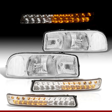 Load image into Gallery viewer, GMC Sierra 1500 1999-2007 / Sierra 2500 1999-2004 / Sierra 1500HD 2500HD 3500 2001-2007 / Yukon 1999-2006 / Yukon XL 1500 2500 2000-2006 Factory Style Headlights + LED Bumper Lights Chrome Housing Clear Len Clear Reflector