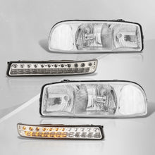 Load image into Gallery viewer, GMC Sierra 1500 1999-2007 / Sierra 2500 1999-2004 / Sierra 1500HD 2500HD 3500 2001-2007 / Yukon 1999-2006 / Yukon XL 1500 2500 2000-2006 Factory Style Headlights + LED Bumper Lights Chrome Housing Clear Len Clear Reflector