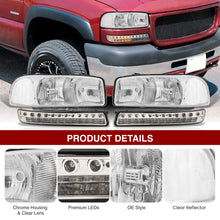 Load image into Gallery viewer, GMC Sierra 1500 1999-2007 / Sierra 2500 1999-2004 / Sierra 1500HD 2500HD 3500 2001-2007 / Yukon 1999-2006 / Yukon XL 1500 2500 2000-2006 Factory Style Headlights + LED Bumper Lights Chrome Housing Clear Len Clear Reflector