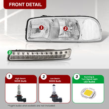 Load image into Gallery viewer, GMC Sierra 1500 1999-2007 / Sierra 2500 1999-2004 / Sierra 1500HD 2500HD 3500 2001-2007 / Yukon 1999-2006 / Yukon XL 1500 2500 2000-2006 Factory Style Headlights + LED Bumper Lights Chrome Housing Clear Len Clear Reflector