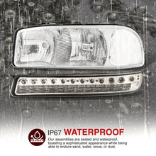 Load image into Gallery viewer, GMC Sierra 1500 1999-2007 / Sierra 2500 1999-2004 / Sierra 1500HD 2500HD 3500 2001-2007 / Yukon 1999-2006 / Yukon XL 1500 2500 2000-2006 Factory Style Headlights + LED Bumper Lights Chrome Housing Clear Len Clear Reflector