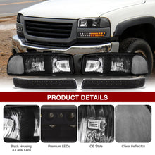 Load image into Gallery viewer, GMC Sierra 1500 1999-2007 / Sierra 2500 1999-2004 / Sierra 1500HD 2500HD 3500 2001-2007 / Yukon 1999-2006 / Yukon XL 1500 2500 2000-2006 Factory Style Headlights + LED Bumper Lights Black Housing Clear Len Clear Reflector