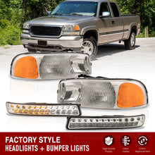 Load image into Gallery viewer, GMC Sierra 1500 1500HD 2500 2500HD 3500 1999-2006 / Sierra Classic 2007 / Yukon 2000-2006 / Yukon XL 1500 2500 2000-2006 Factory Style Headlights + LED Bumpers Chrome Housing Clear Len Amber Reflector