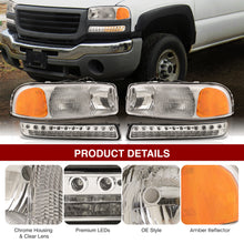 Load image into Gallery viewer, GMC Sierra 1500 1500HD 2500 2500HD 3500 1999-2006 / Sierra Classic 2007 / Yukon 2000-2006 / Yukon XL 1500 2500 2000-2006 Factory Style Headlights + LED Bumpers Chrome Housing Clear Len Amber Reflector